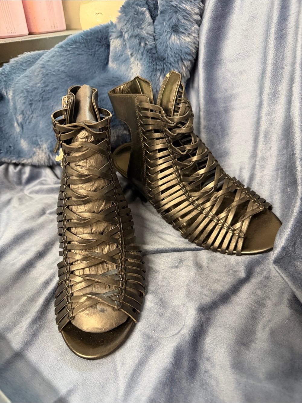 Ralph Lauren Black Strappy Woven Peep-Toe Heels